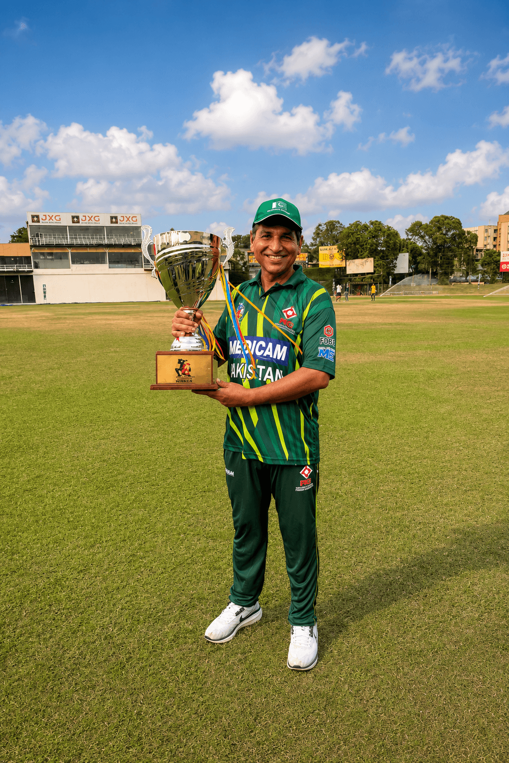 A proud moment after winning the IMC Over-50 World Cup.